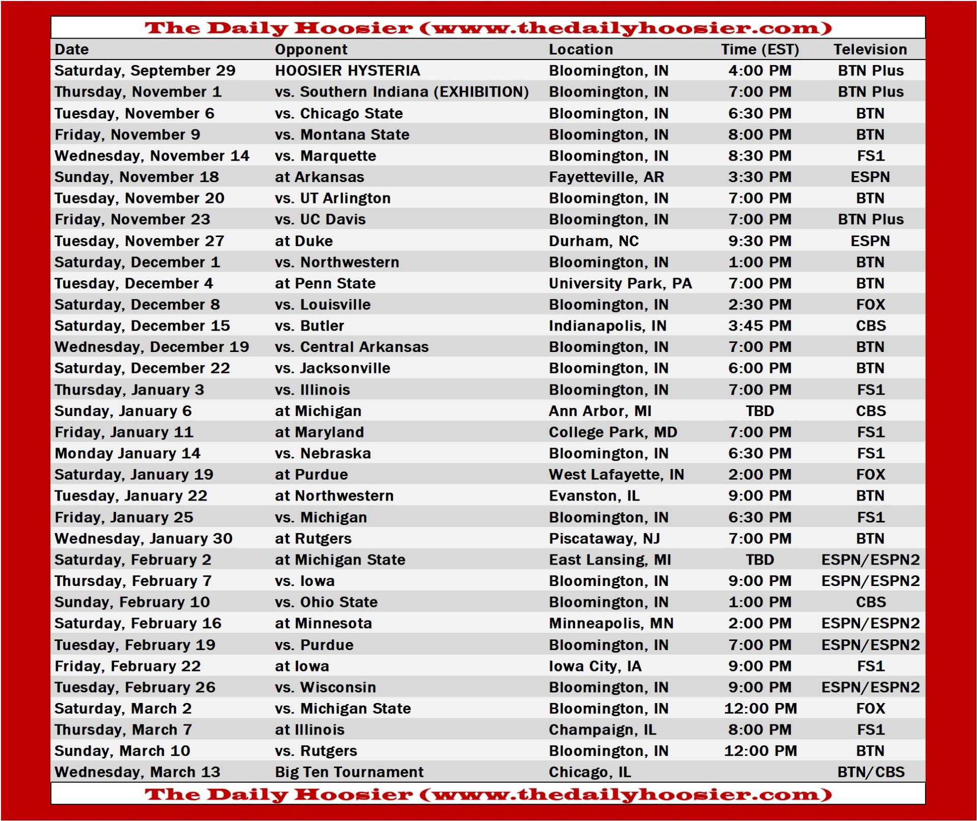 Printable Iu Basketball Schedule 2018 19 | TUTORE.ORG - Master of Documents